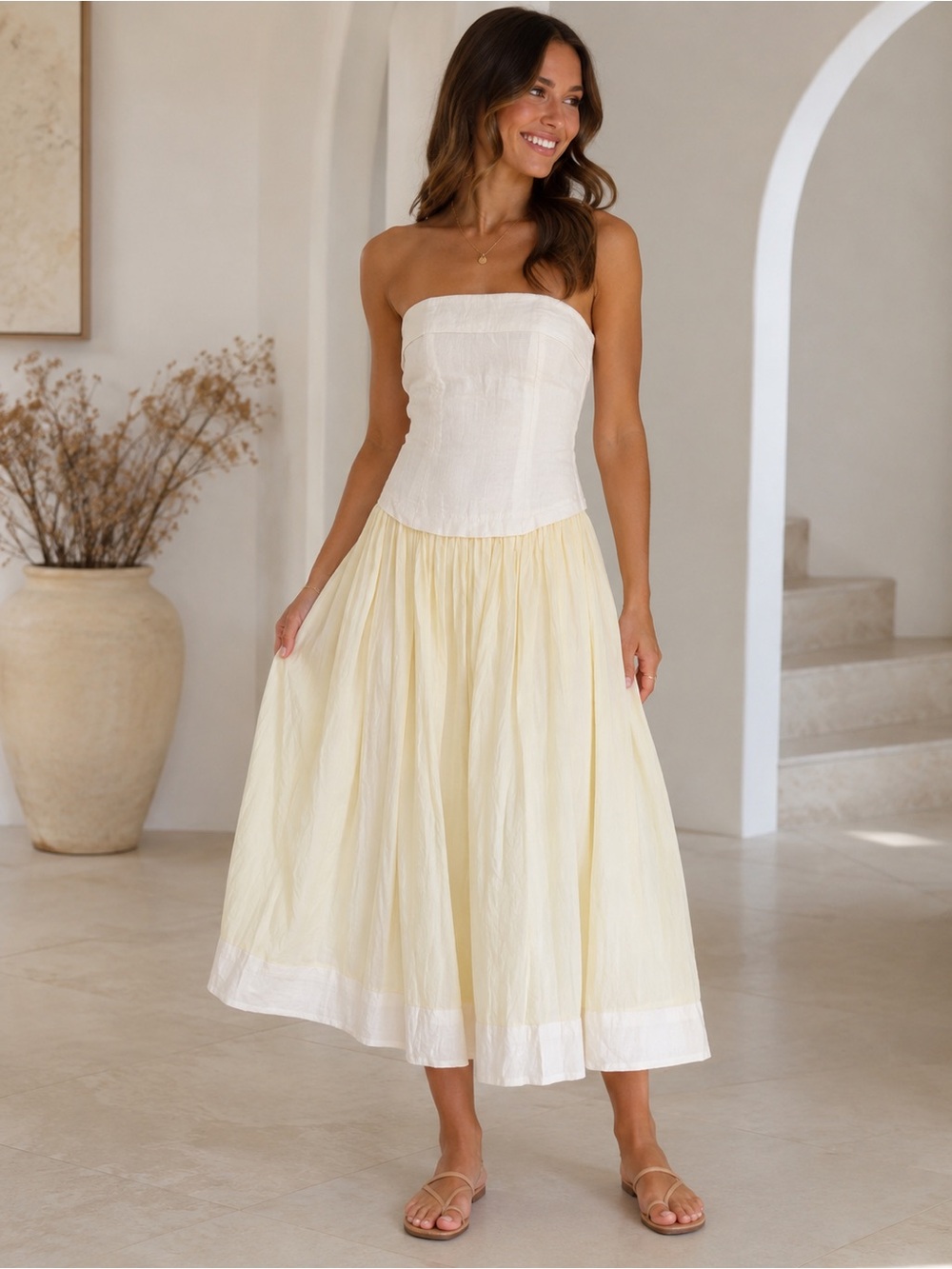 HYFVE Strapless Cream Bodice Pale Yellow Maxi Skirt Dress